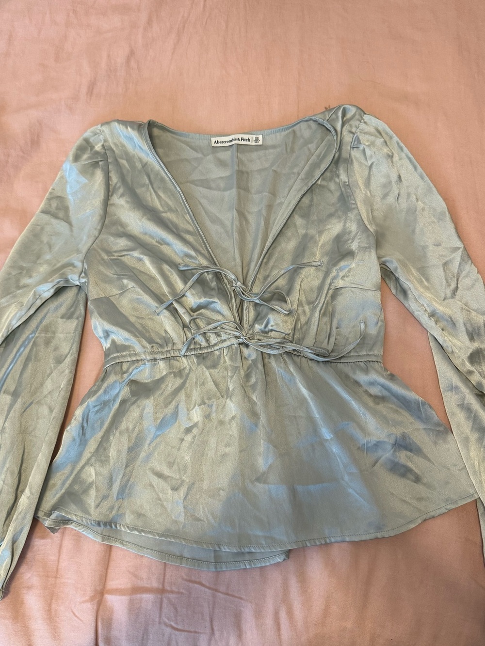Abercrombie & Fitch Sage Green Satin Tie-Front Peplum Blouse